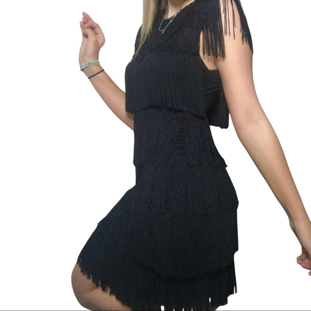 black fringe norma kamali strapless dress